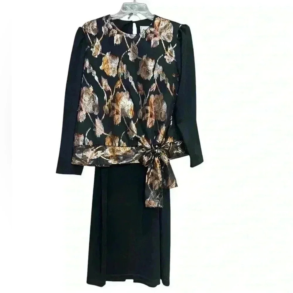 Another Thyme Black & Metallic Lame Rose Pattern Evening Two-Piece set Size 10